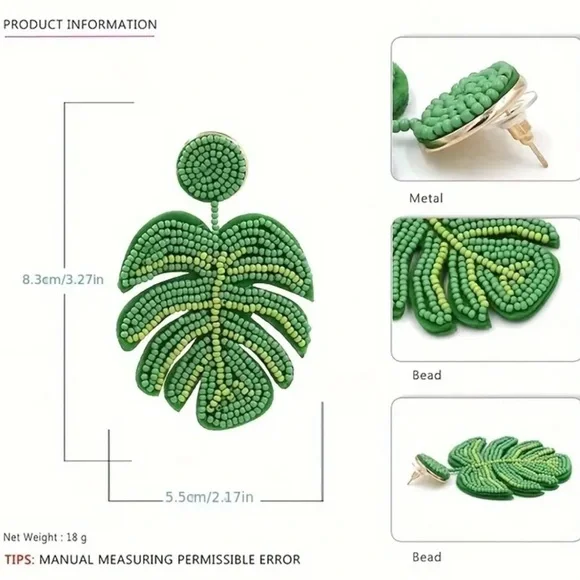 REVOLVE ❤️‍🔥 GLASS BEAD GREEN PALM LEAF EARRINGS NWT - Picture 4 of 8